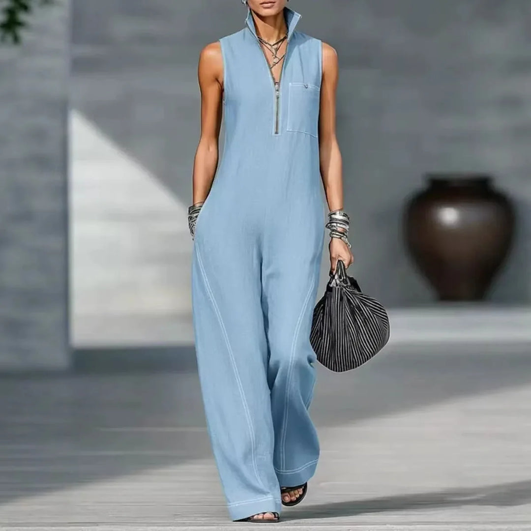 Ladies Stand Up Collar Sleeveless Loose Cotton Linen Jumpsuit