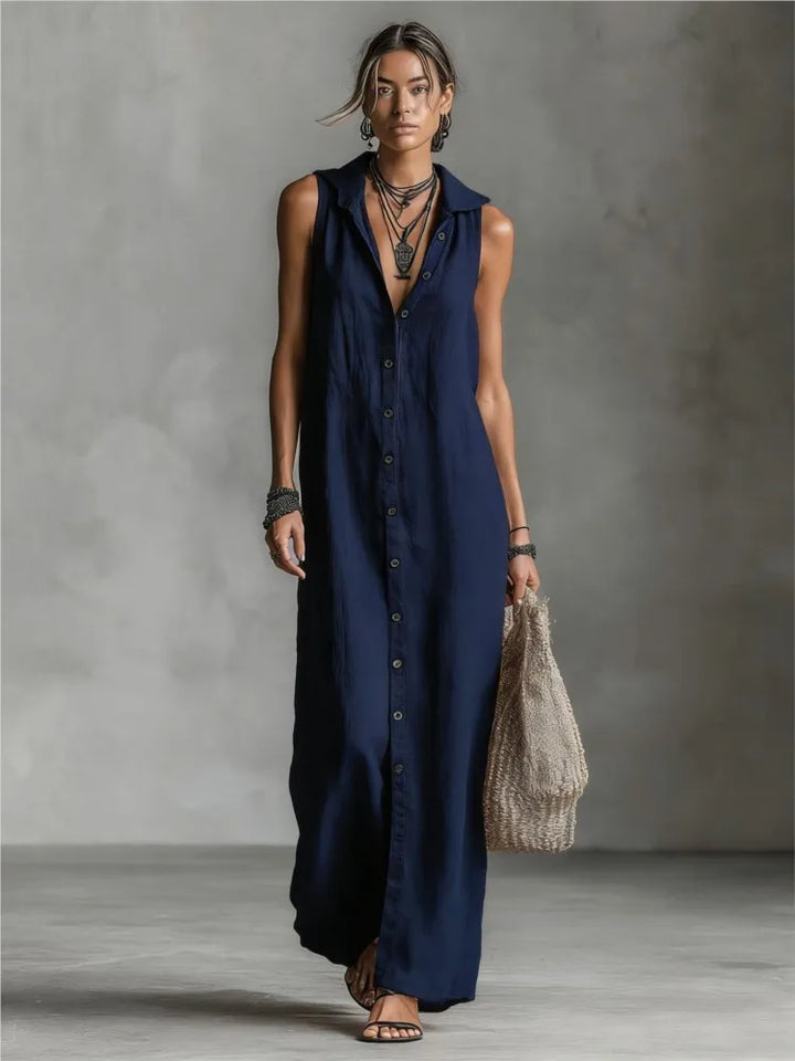 Celeste™ | Elegant Hooded Linen Vest Dress