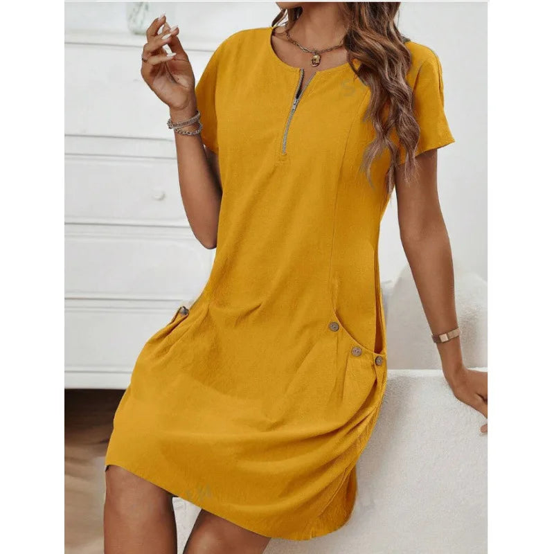 Women's Zip-Collar Pocket Dress — Short Sleeve Summer Knit Cotton Blend Dress