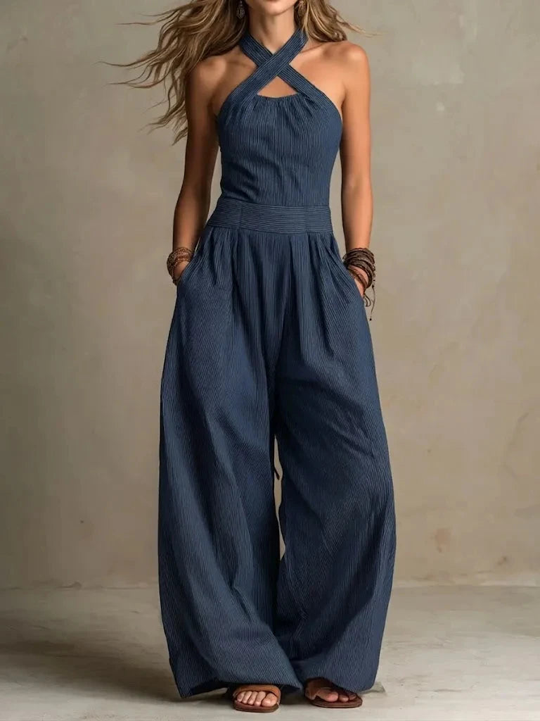 Women's Cross-Neck Halter Design Cotton-Linen Jumpsuit Comfortable Breathable Jumpsuit for Summer