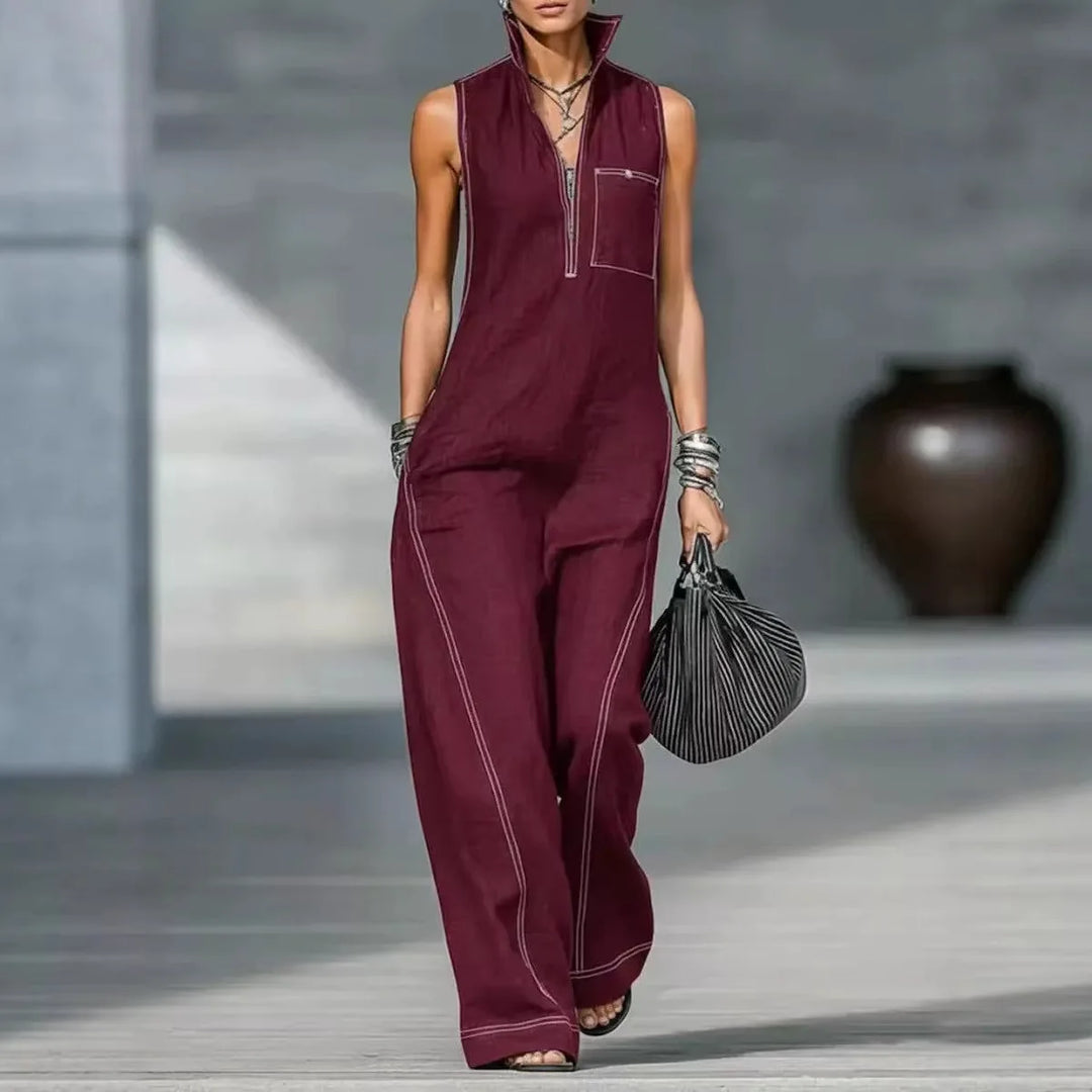 Ladies Stand Up Collar Sleeveless Loose Cotton Linen Jumpsuit
