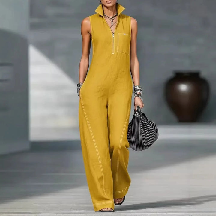 Ladies Stand Up Collar Sleeveless Loose Cotton Linen Jumpsuit