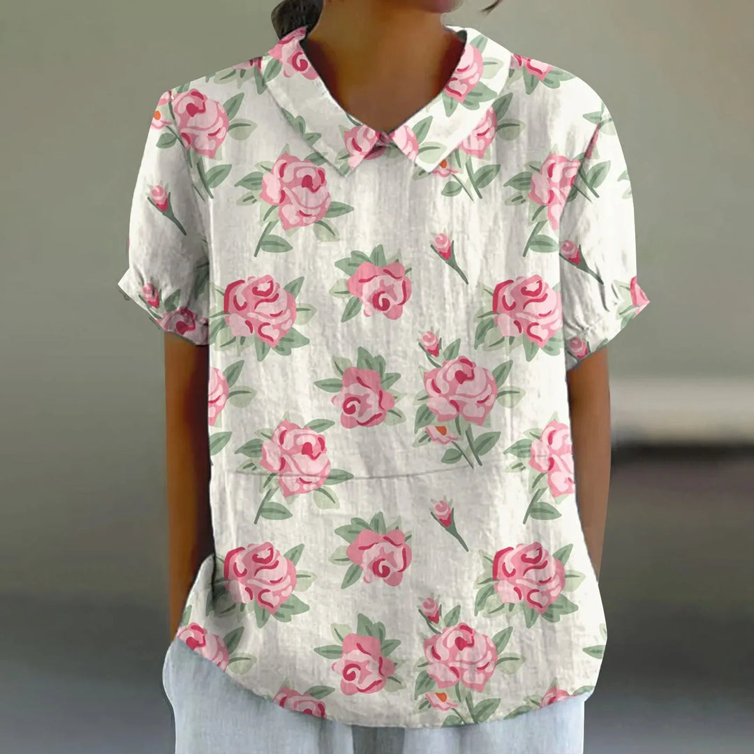 2025 Summer Women's Blouse Casual Print Short Sleeve T-Shirt Fit Lapel Neck Blouse Fashion Trend Button Blouses for Woman Tops