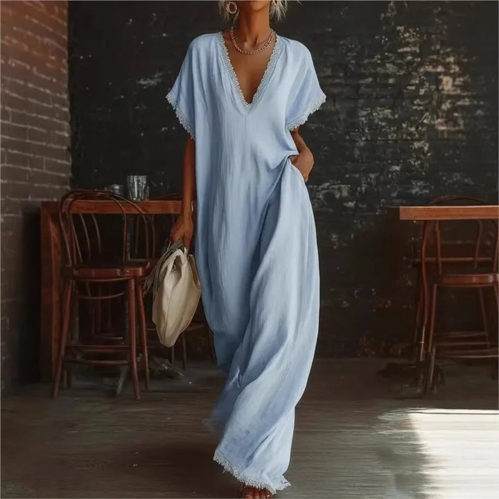 Eveline™ | Elegant Lace-Trim Linen Maxi Dress