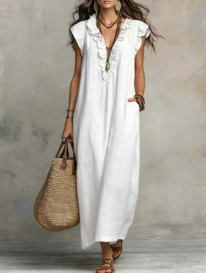 Leonora™ | Elegant Linen V-Neck Pocket Dress