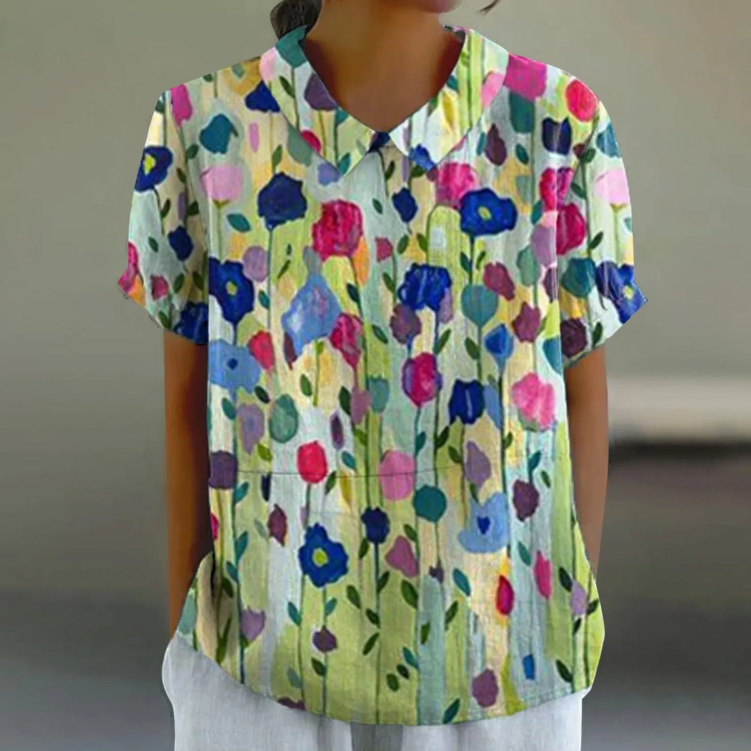 2025 Summer Women's Blouse Casual Print Short Sleeve T-Shirt Fit Lapel Neck Blouse Fashion Trend Button Blouses for Woman Tops