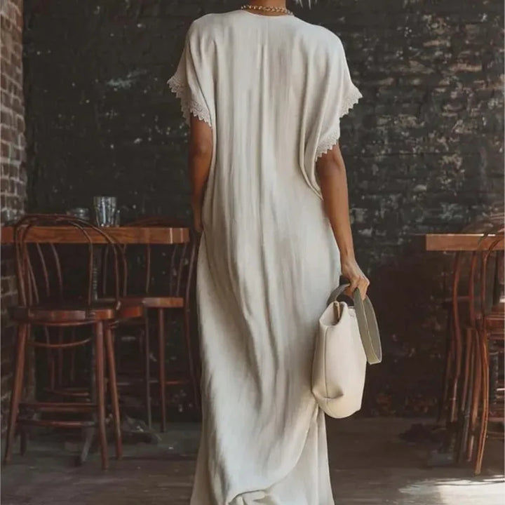 Eveline™ | Elegant Lace-Trim Linen Maxi Dress