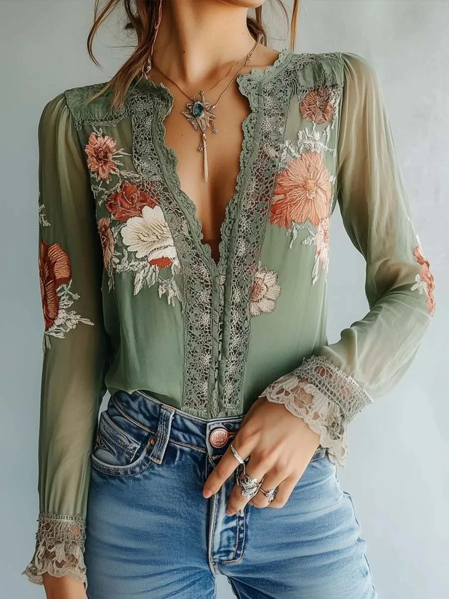 Isla | Lace Embroidered V-Neck Blouse