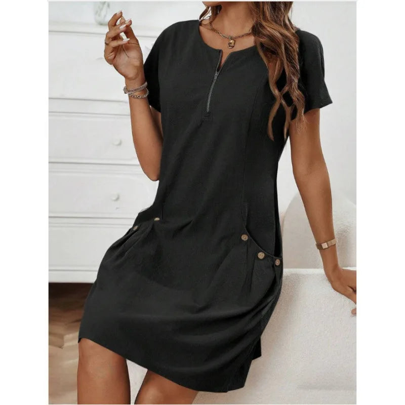 Women's Zip-Collar Pocket Dress — Short Sleeve Summer Knit Cotton Blend Dress