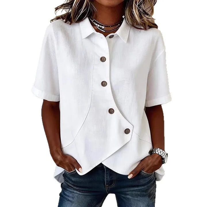 Camisa Feminina Elegante Irregular Lapel Buttoned Short-sleeved Lapel Solid Color Top Women's Summer 2026 Casual All-match Shirt