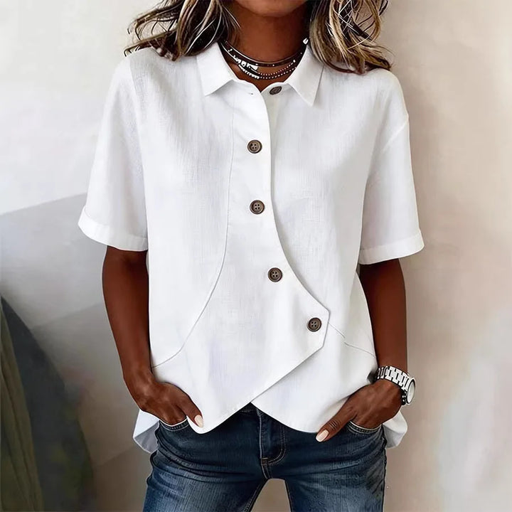 Camisa Feminina Elegante Irregular Lapel Buttoned Short-sleeved Lapel Solid Color Top Women's Summer 2026 Casual All-match Shirt
