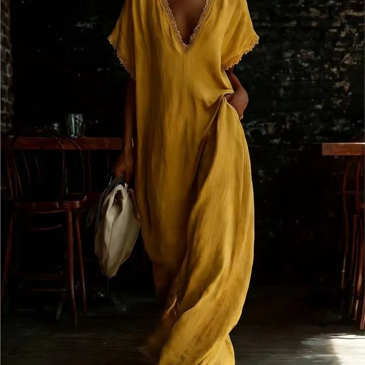 Eveline™ | Elegant Lace-Trim Linen Maxi Dress