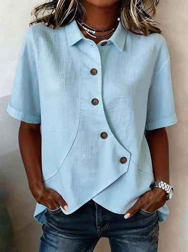 Camisa Feminina Elegante Irregular Lapel Buttoned Short-sleeved Lapel Solid Color Top Women's Summer 2026 Casual All-match Shirt