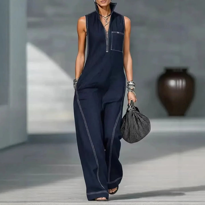 Ladies Stand Up Collar Sleeveless Loose Cotton Linen Jumpsuit