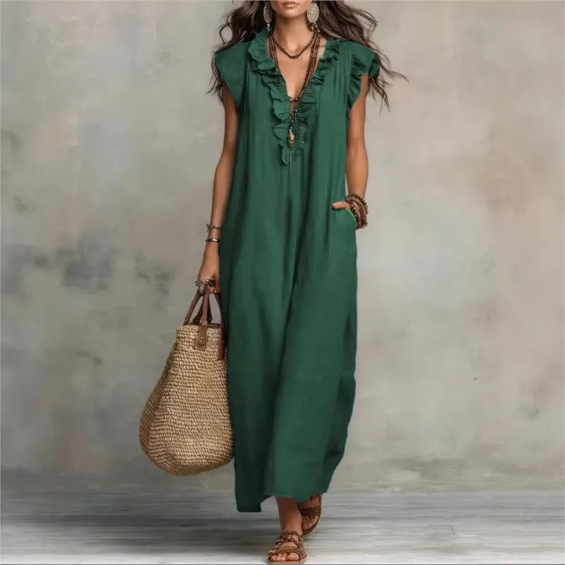 Leonora™ | Elegant Linen V-Neck Pocket Dress