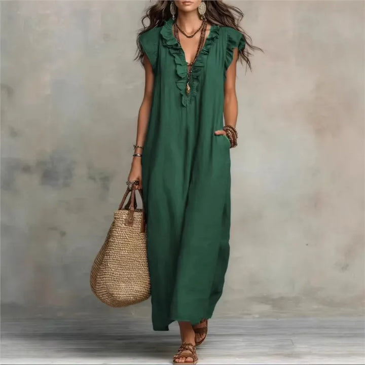 Leonora™ | Elegant Linen V-Neck Pocket Dress