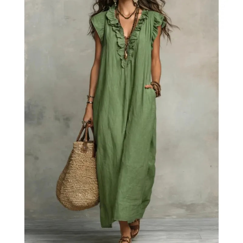 Leonora™ | Elegant Linen V-Neck Pocket Dress