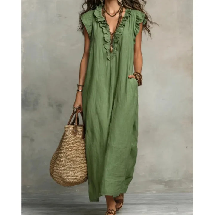 Leonora™ | Elegant Linen V-Neck Pocket Dress