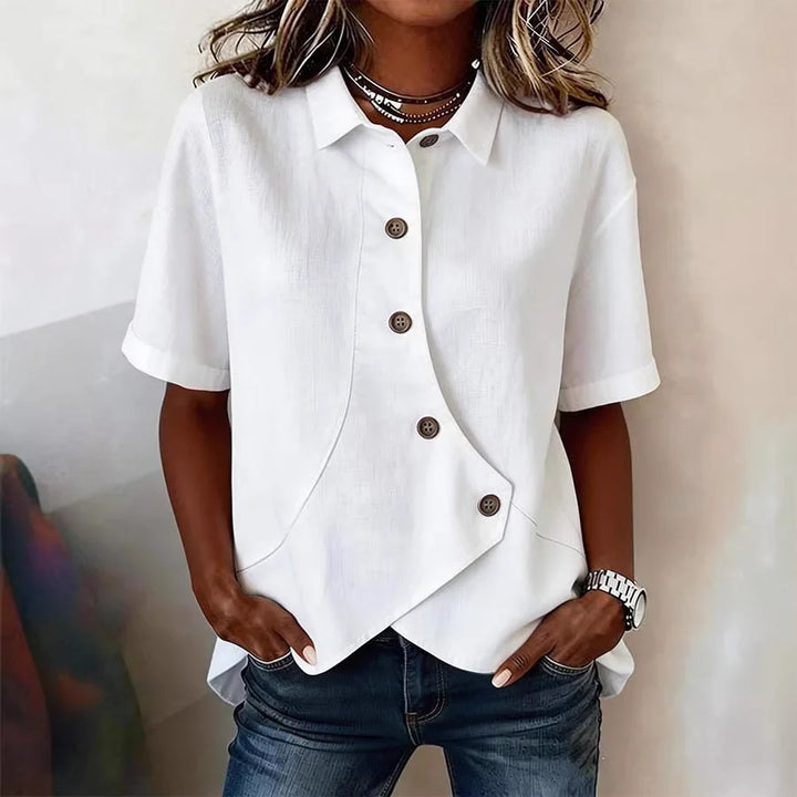 Camisa Feminina Elegante Irregular Lapel Buttoned Short-sleeved Lapel Solid Color Top Women's Summer 2026 Casual All-match Shirt
