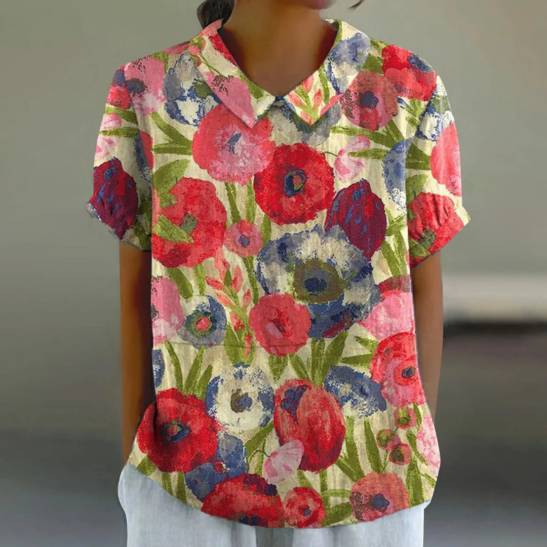 2025 Summer Women's Blouse Casual Print Short Sleeve T-Shirt Fit Lapel Neck Blouse Fashion Trend Button Blouses for Woman Tops
