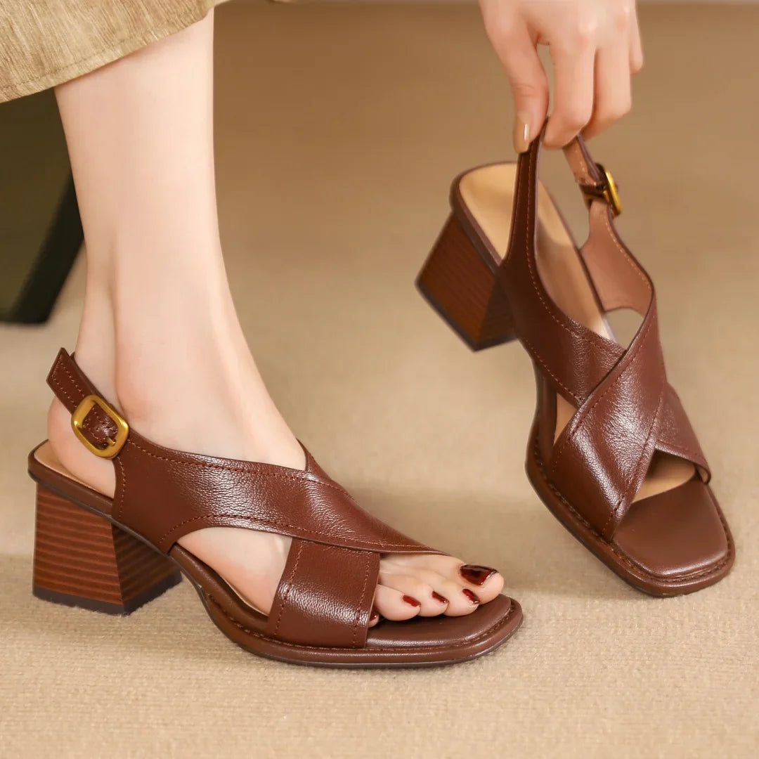Francesca | Leather Cross-Strap Heeled Sandals