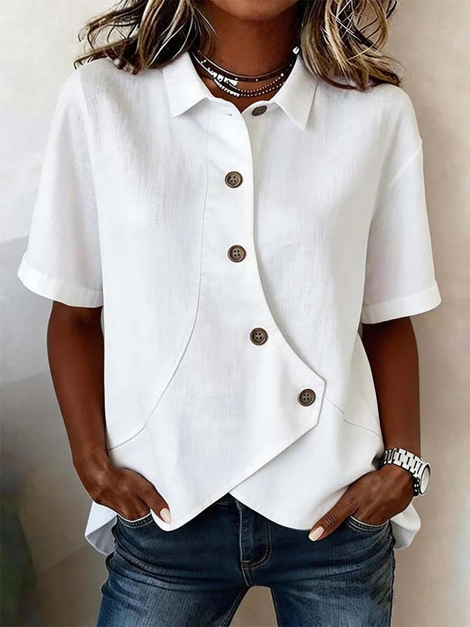 Camisa Feminina Elegante Irregular Lapel Buttoned Short-sleeved Lapel Solid Color Top Women's Summer 2026 Casual All-match Shirt