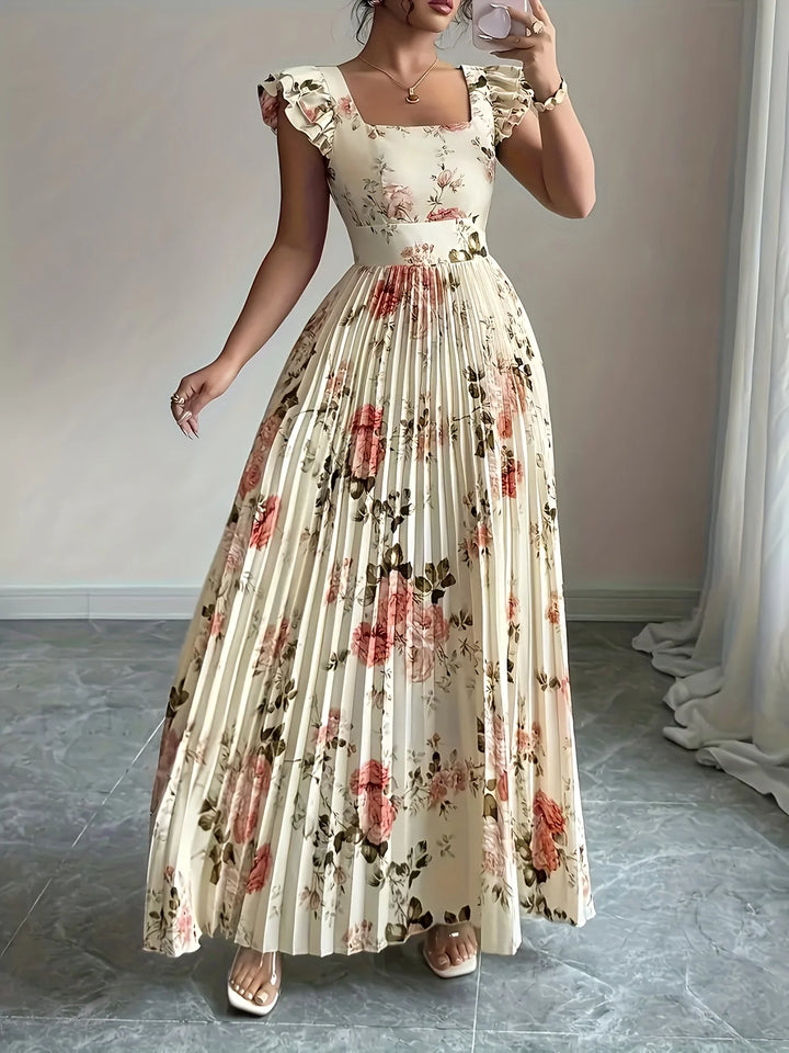 Isabeau | Beige Floral Pleated Midi Dress