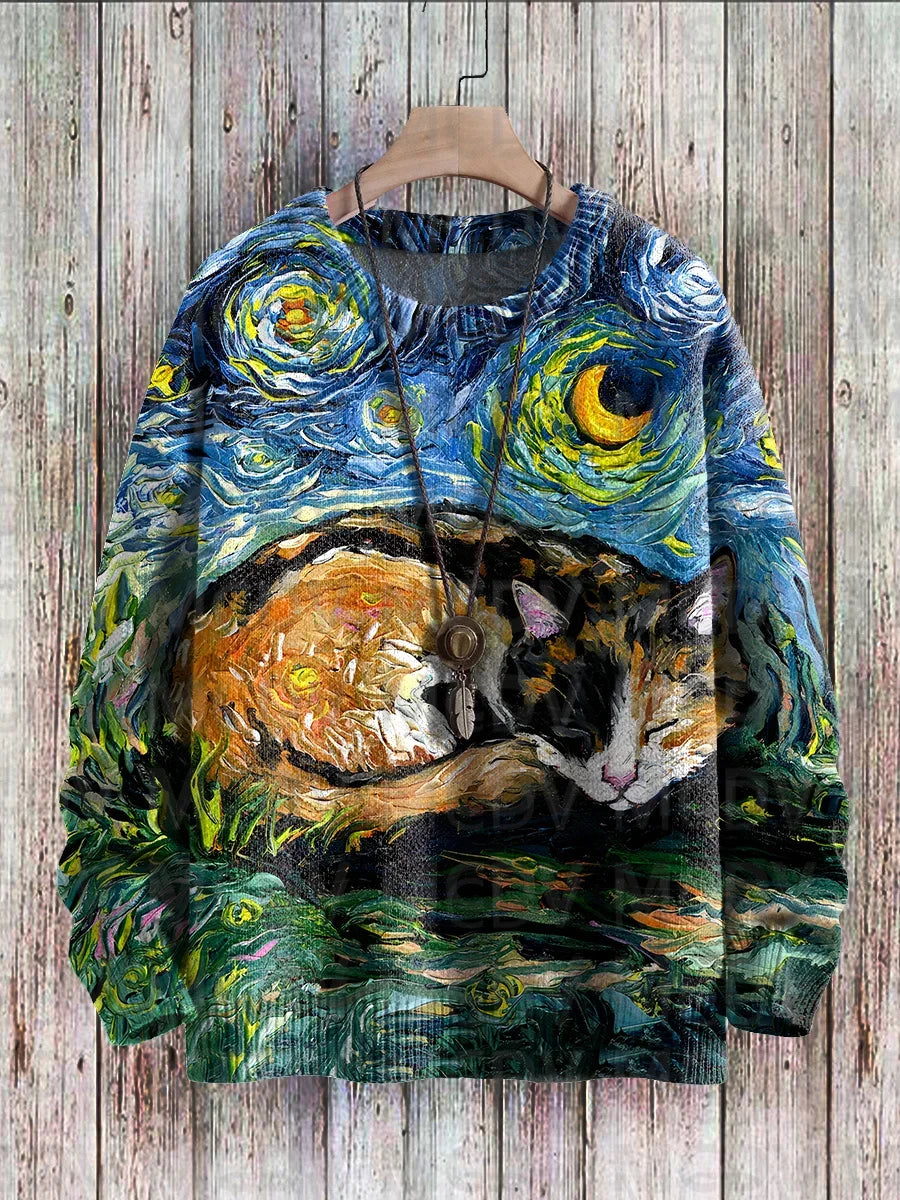 Frida | Artistic Cat Print Knit Pullover