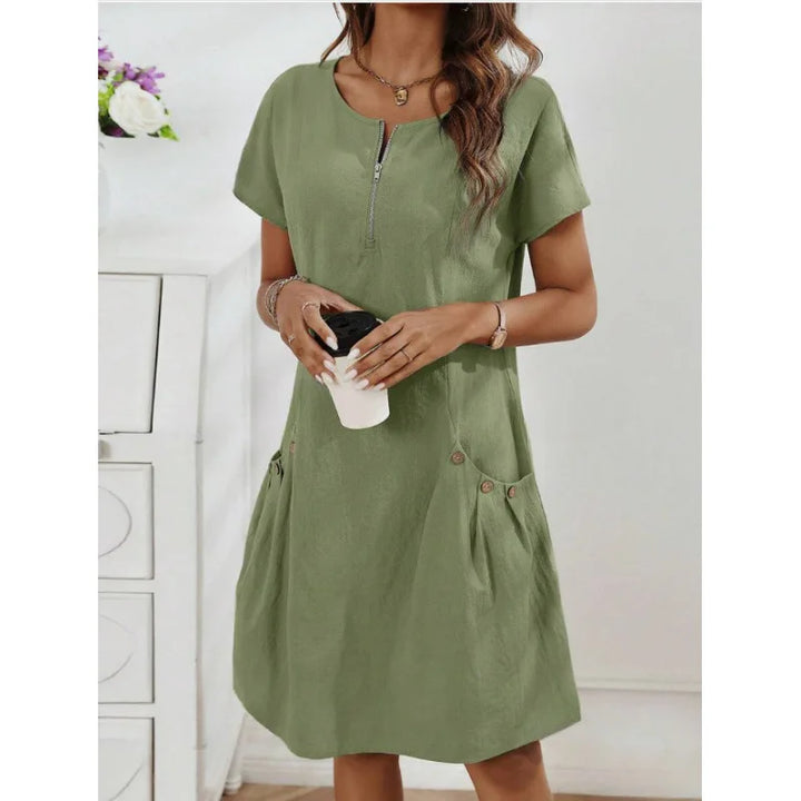 Women's Zip-Collar Pocket Dress — Short Sleeve Summer Knit Cotton Blend Dress