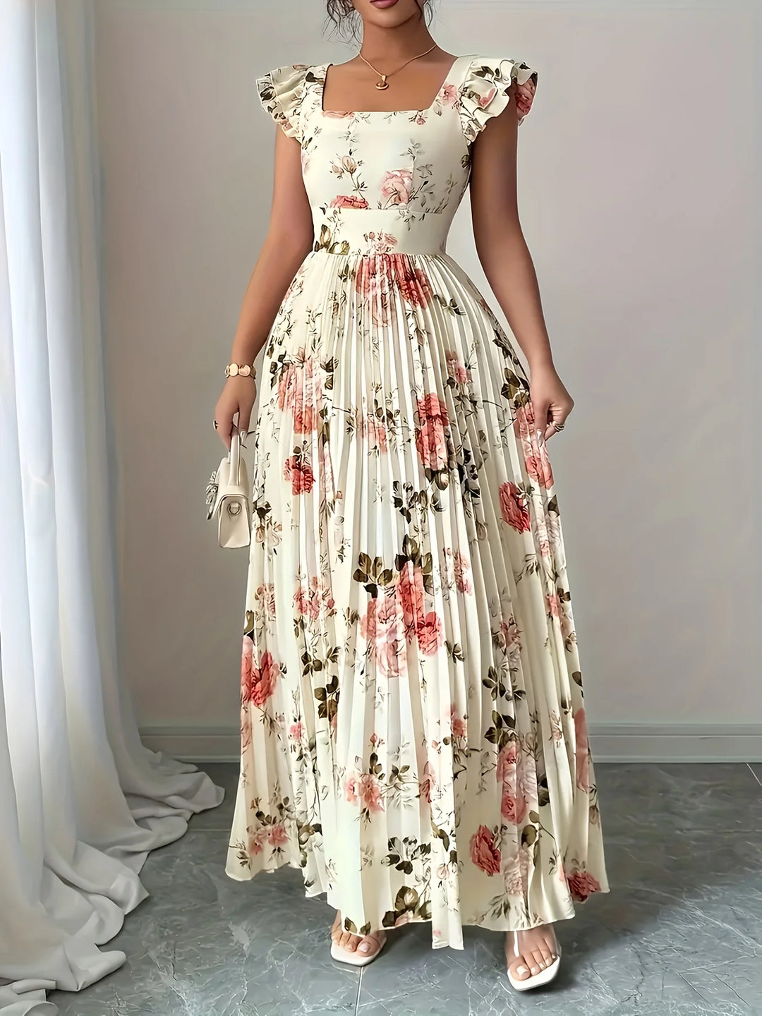 Isabeau | Beige Floral Pleated Midi Dress