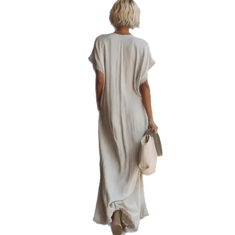 Eveline™ | Elegant Lace-Trim Linen Maxi Dress