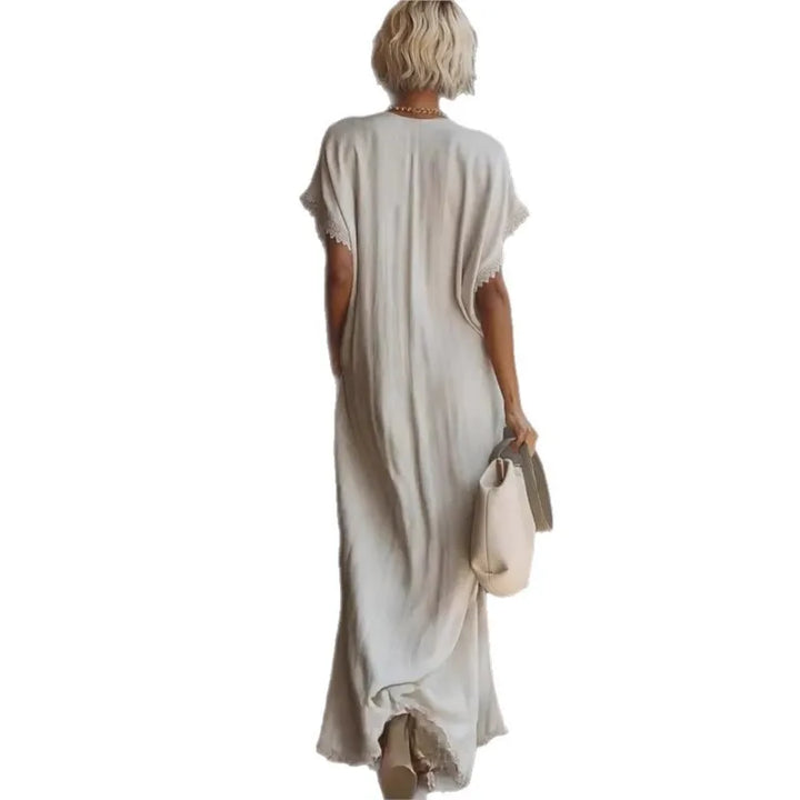 Eveline™ | Elegant Lace-Trim Linen Maxi Dress
