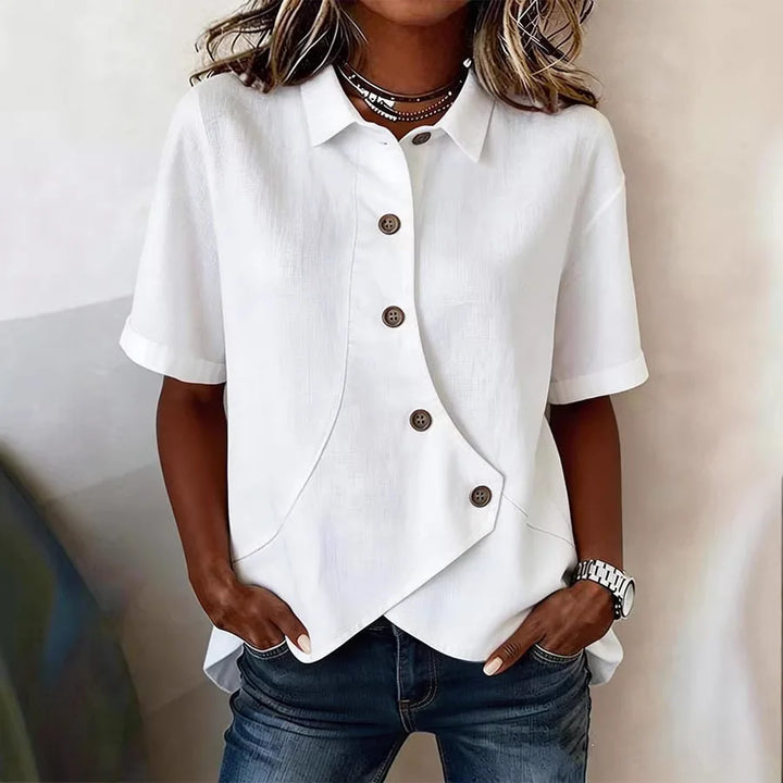 Camisa Feminina Elegante Irregular Lapel Buttoned Short-sleeved Lapel Solid Color Top Women's Summer 2026 Casual All-match Shirt