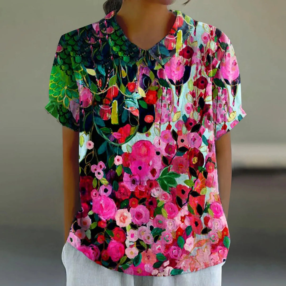 2025 Summer Women's Blouse Casual Print Short Sleeve T-Shirt Fit Lapel Neck Blouse Fashion Trend Button Blouses for Woman Tops