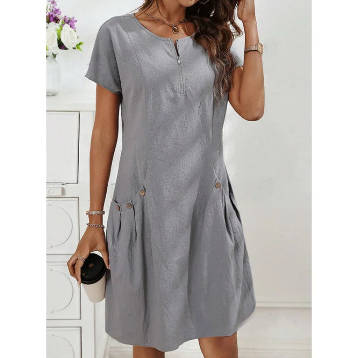Women's Zip-Collar Pocket Dress — Short Sleeve Summer Knit Cotton Blend Dress