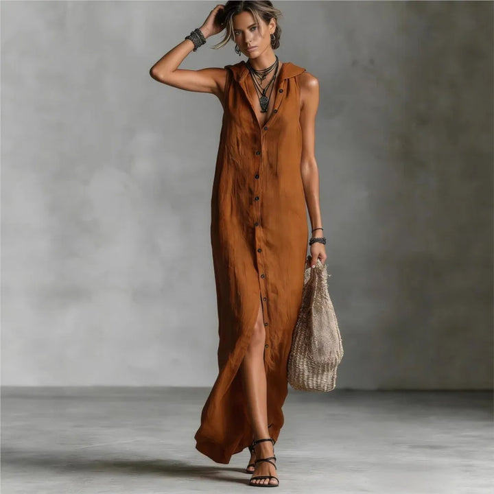 Celeste™ | Elegant Hooded Linen Vest Dress