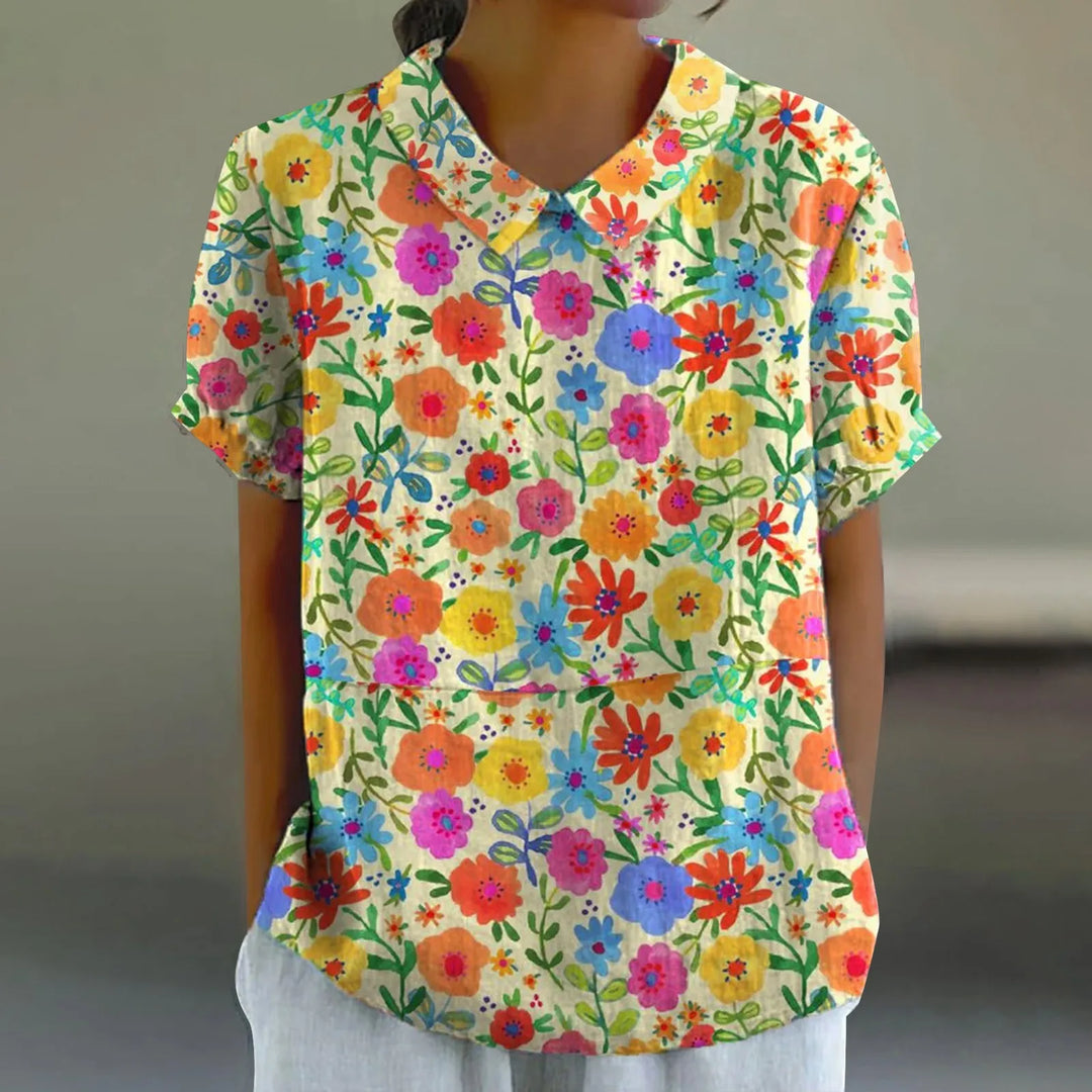 2025 Summer Women's Blouse Casual Print Short Sleeve T-Shirt Fit Lapel Neck Blouse Fashion Trend Button Blouses for Woman Tops