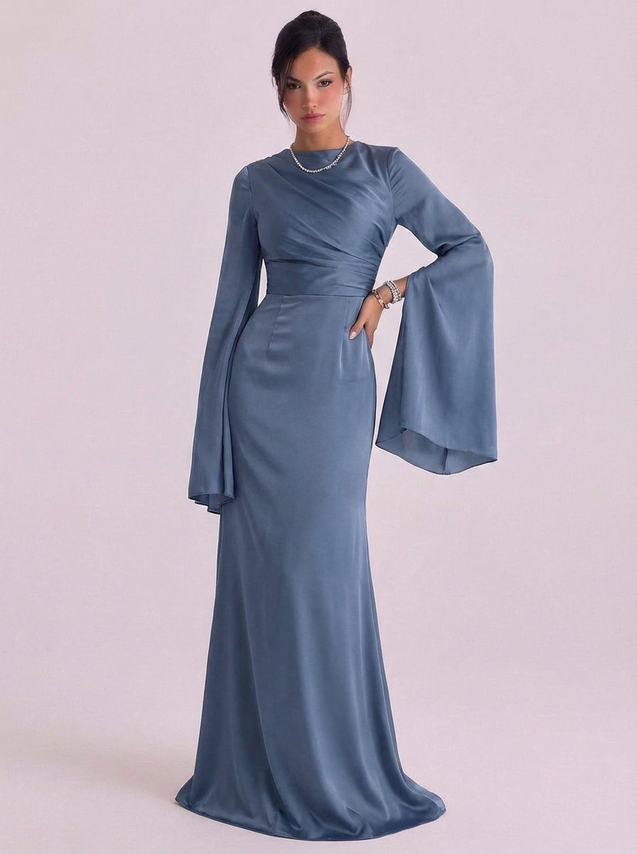 Isabella | Satin Bell Sleeve Gown Floor Length Fitted