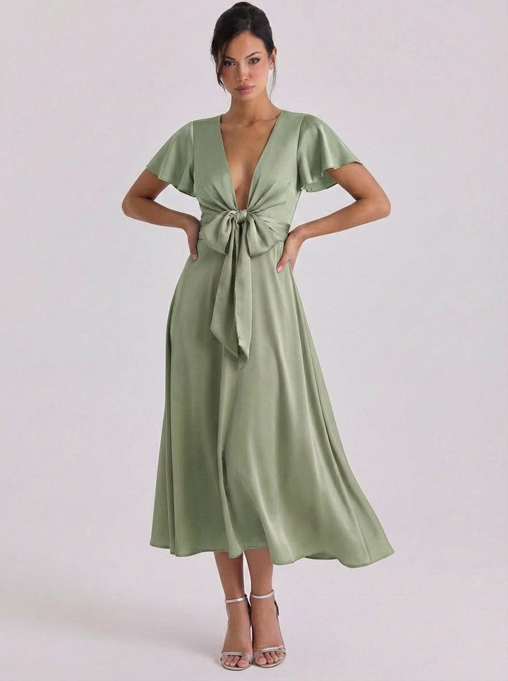 Demi | Satin Bow Front Deep V Midi Dress Flutter Sleeve