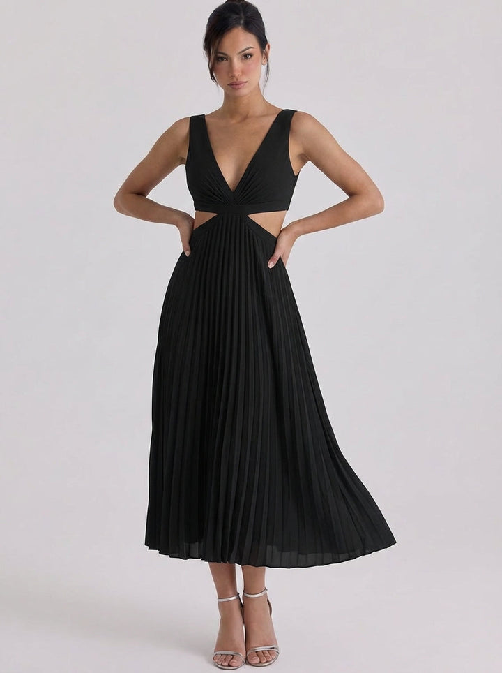 Stacey | Satin Pleated Cutout Midi Dress