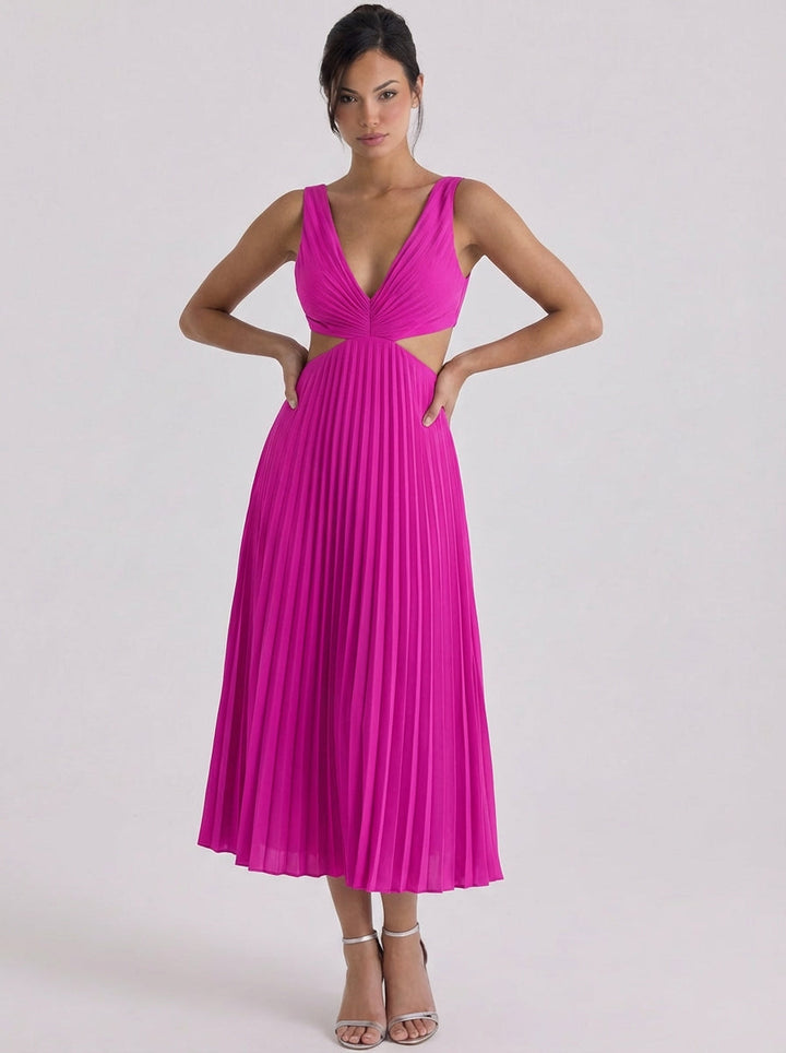 Stacey | Satin Pleated Cutout Midi Dress