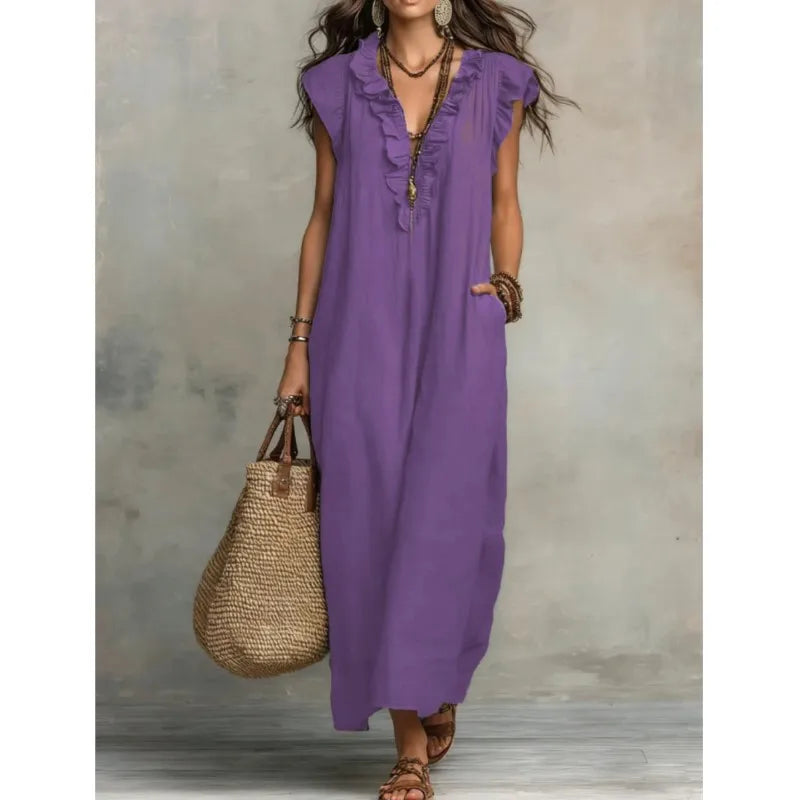 Leonora™ | Elegant Linen V-Neck Pocket Dress