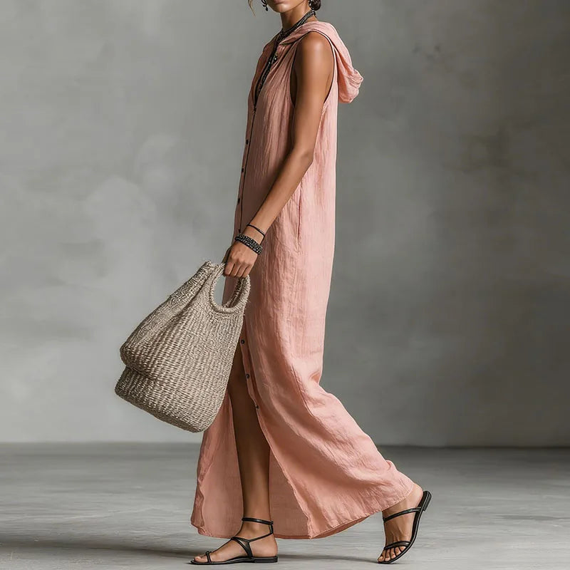 Isadora™ | Elegant Slit Linen Hooded Dress
