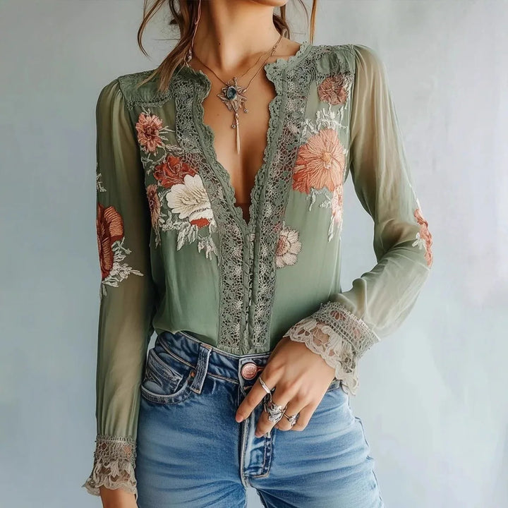 Isla | Lace Embroidered V-Neck Blouse