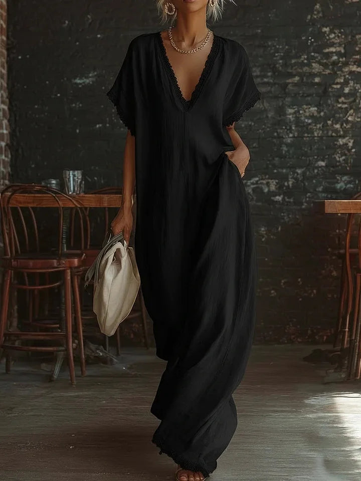 Eveline™ | Elegant Lace-Trim Linen Maxi Dress