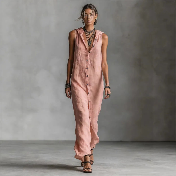 Celeste™ | Elegant Hooded Linen Vest Dress
