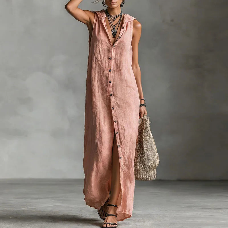 Isadora™ | Elegant Slit Linen Hooded Dress