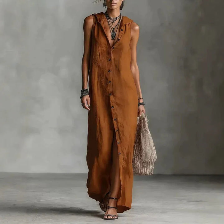 Isadora™ | Elegant Slit Linen Hooded Dress
