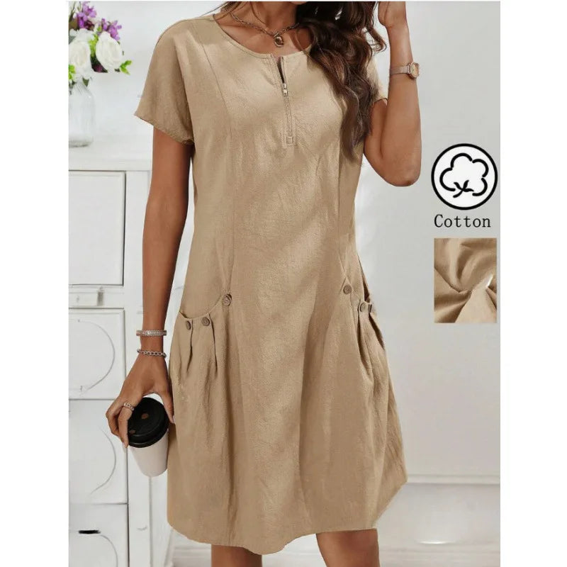 Women's Zip-Collar Pocket Dress — Short Sleeve Summer Knit Cotton Blend Dress
