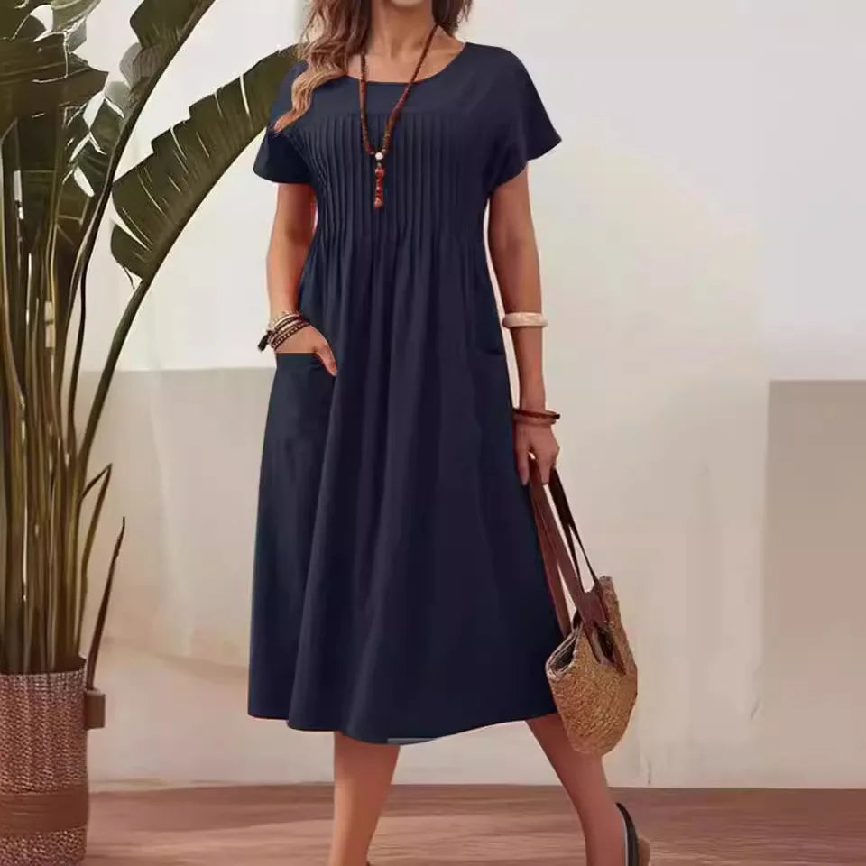 Hazel | Women's Vintage O-Neck Midi Dress